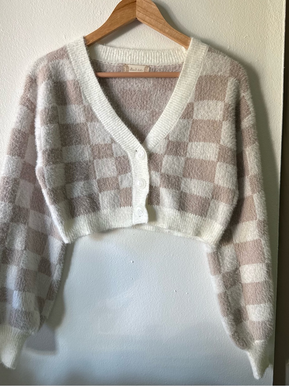 Altar'd State Cream & Tan Cropped Checkerboard Cardigan